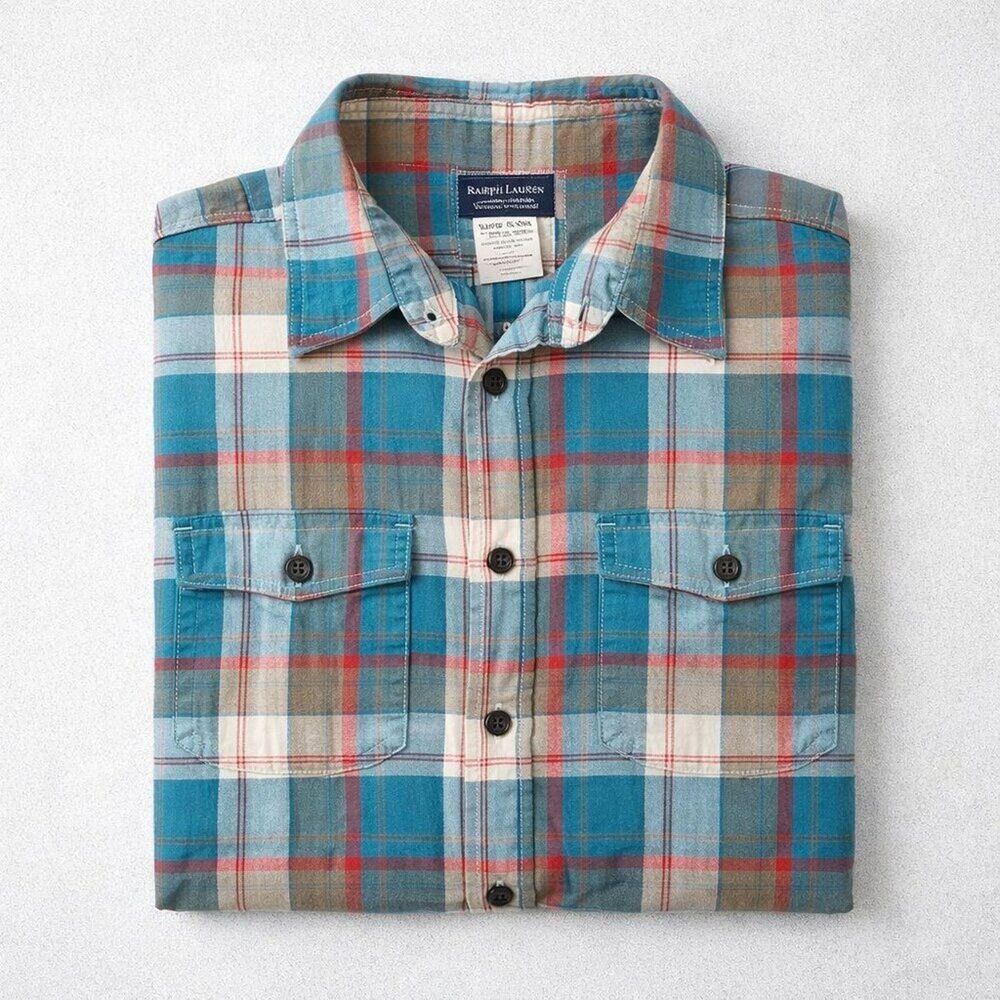 Patagonia Men's Casual Light Weight Blue and Red Plaid Button-Down Shirt Size L